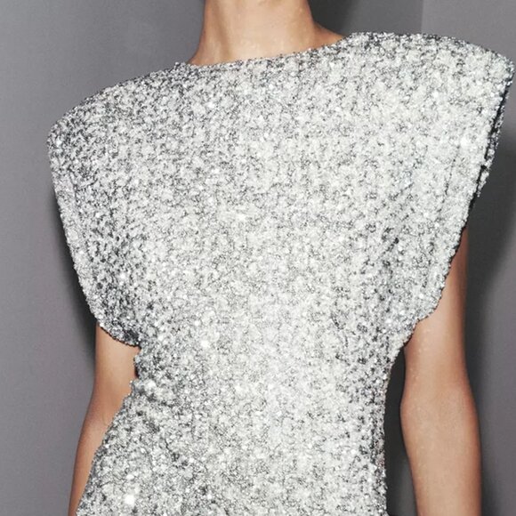 NWT ZARA ZW COLLECTION SILVER SEQUIN MINI DRESS OPEN BACK STUNNING GLAM MEDIUM - Picture 8 of 10